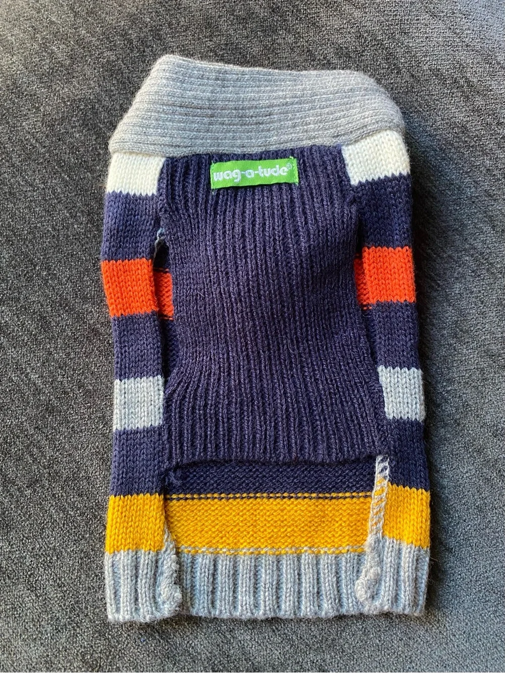 Striped Knit Dog Sweater with Button Collar - Gray, Navy & Orange
